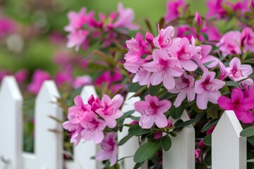 Sticker - Vibrant Pink Azalea Blooms Against White Picket Fence in Spring Garden