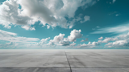 Poster - A wide open concrete space with a vast blue sky filled with white clouds above.