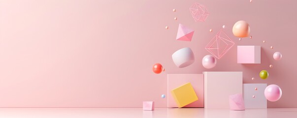 Poster - An abstract 3D scene with floating geometric shapes and a soft gradient background. Ample copy space is provided at the top.