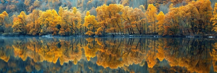 Poster - Golden autumn foliage mirrored in a tranquil riverbank