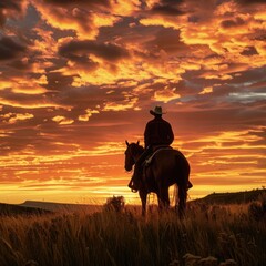 Wall Mural - Silhouette of Cowboy Riding Horse at Sunset