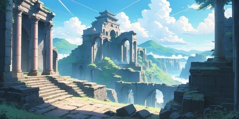 Soft pastel anime style of breathtaking panoramic view of a ruins background