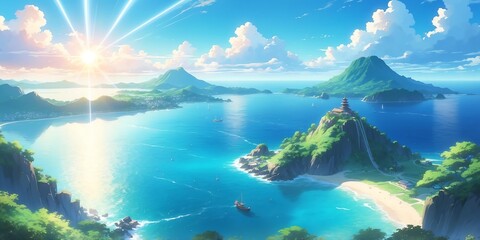 Wall Mural - Soft pastel anime style of breathtaking panoramic view of a island background