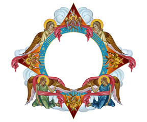 Bright religious dome- frame with apostles and angels in sky. Illustration in Byzantine style isolated