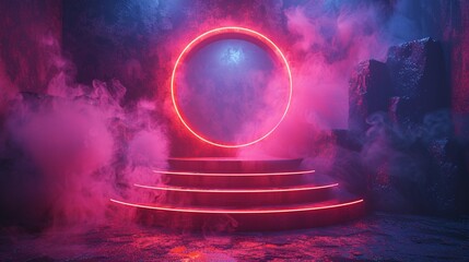 Canvas Print - Enigmatic futuristic portal enveloped in mist, circular luminescent teleportation device with neon illumination on a dark backdrop, casting an otherworldly glow.