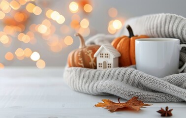 Poster - Cozy Autumn Still Life With Pumpkins, a House Model, and a Mug Surrounded by Warm Lights