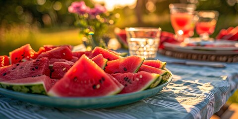 Wall Mural - Deliciously cut watermelon on an outdoor table portrays a scene of freshly cut watermelon pieces neatly placed on a table in a natural setting.