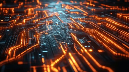 Poster - Glowing Orange Circuit Board with Abstract Lines and Shapes
