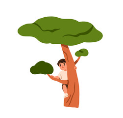 Child climbing up tree. Cute happy active boy playing outdoor, holding branches, hiding behind trunk. Funny playful kid, summer activity. Flat vector illustration, isolated on white background