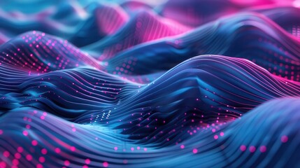 Poster - Vibrant digital landscape featuring flowing waves and dynamic light patterns in blue and pink hues.