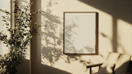 Poster - Empty Frame with Natural Light and Shadow on a Beige Wall