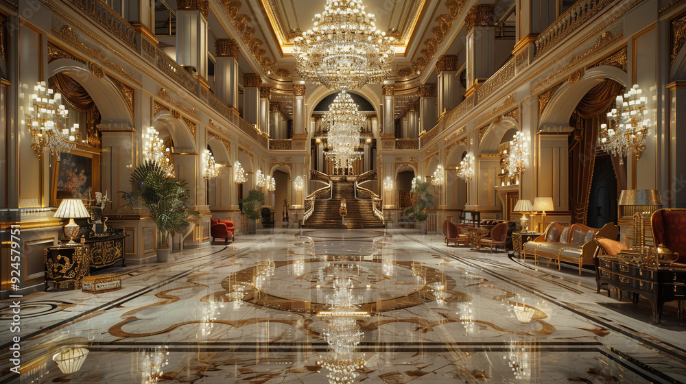 An elegant hotel lobby with multiple cascading crystal chandeliers that ...