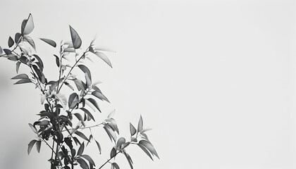 Wall Mural - Minimalist black and white image of plant leaves against a white background.