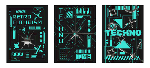 Poster - Set of cyberpunk posters with 3D element with chrome effect in y2k style. Vector template of banner, post, cover
