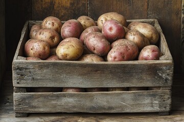 Wall Mural - A crate full of potatoes is sitting on a wooden table