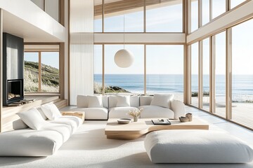 Poster - A large white living room with a fireplace and a view of the ocean