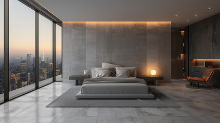 Wall Mural - A contemporary bedroom with sleek, large-format porcelain tiles in a light grey shade, paired with minimalist furniture,