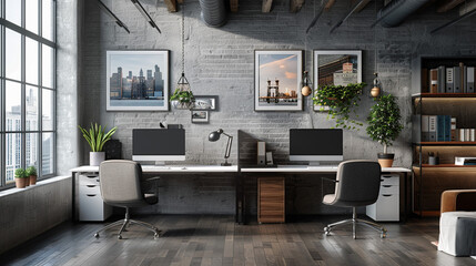 A contemporary office setup featuring two adjacent workspaces, each equipped with a modern desk, 