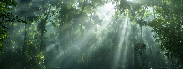 Sticker - Sun rays filtering through lush green foliage in a dense rainforest.