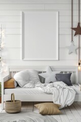 Wall Mural - Cozy Child's Bedroom with Blank Frame and Soft Toys in Pastel Theme