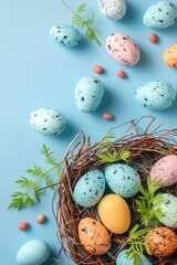 Wall Mural - A nest filled with vibrant Easter eggs on a blue background, ideal for spring and Easter-themed projects