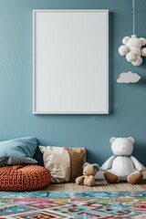 Wall Mural - Cozy Child's Bedroom with Blank Frame and Soft Toys in Pastel Theme