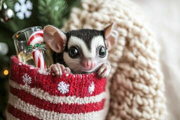 Wall Mural - A small black and white animal is in a red and white basket