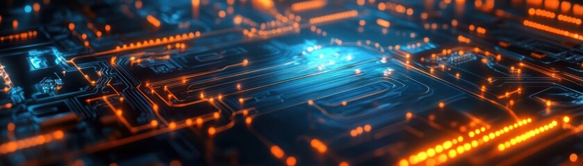 Aufkleber - Abstract Circuit Board with Glowing Orange and Blue Lines