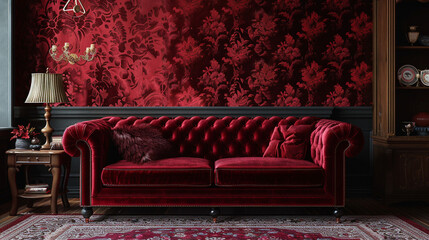 Wall Mural - A luxurious living room with deep red Damask wallpaper featuring intricate floral motifs, 