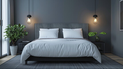 A minimalist bedroom featuring a houndstooth patterned headboard in black and white, matched with a simple black bed frame and crisp white bedding. 