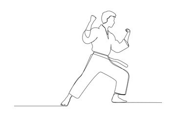 Professional karate player line art drawing. Hand-drawn taekwondo man continuous outline vector.