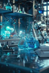 Poster - A laboratory setting with a large quantity of blue liquid