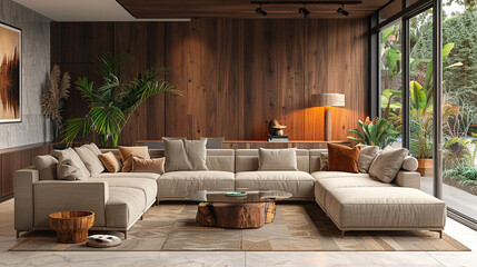 A minimalist living room with a warm, inviting atmosphere, featuring a beige sectional sofa, a dark wood accent wall, and a minimalist glass coffee table.