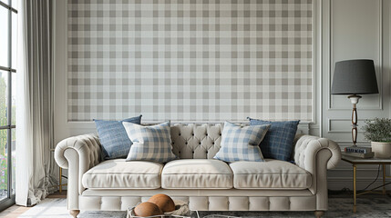 A modern farmhouse living room with grey and white gingham checkered wallpaper, complemented by a soft grey linen sofa.