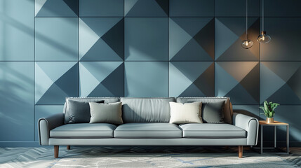 Wall Mural - A modern living room with geometric patterned wallpaper in shades of blue and grey, complemented by a sleek grey leather sofa. The lighting casts subtle shadows, enhancing the textures.