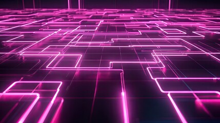 Poster - Abstract top view of a neon circuit grid with ample copy space on the right.