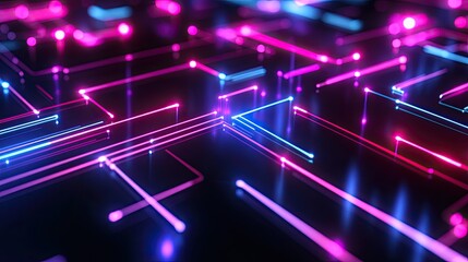 Poster - Abstract top view of a neon circuit grid with ample copy space on the right.