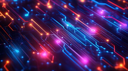 Poster - Abstract top view of a neon circuit grid with ample copy space on the right.