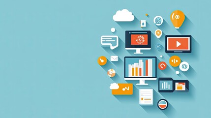 Poster - Flat lay of cloud computing icons with a digital interface, copy space on the right.