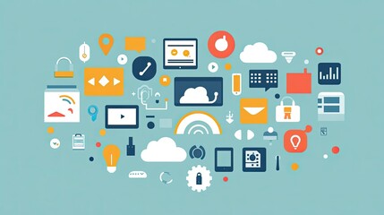 Poster - Flat lay of cloud computing icons with a digital interface, copy space on the right.