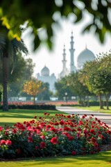 Poster - A beautiful park with many red flowers in the foreground, great for spring or summer scenes