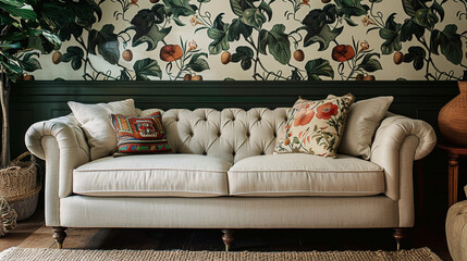 Wall Mural - A traditional sitting room featuring Victorian botanical wallpaper with detailed illustrations of oak leaves and acorns in shades of green and brown, paired with a comfortable beige fabric sofa.