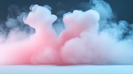 Two pink and blue clouds with smoke coming out of them