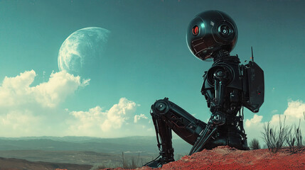 Poster - A robot is sitting on a hillside in a barren landscape