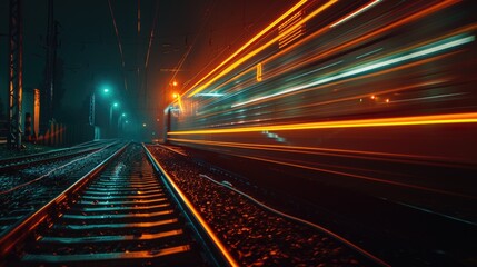 Poster - A train travels along darkened train tracks at night