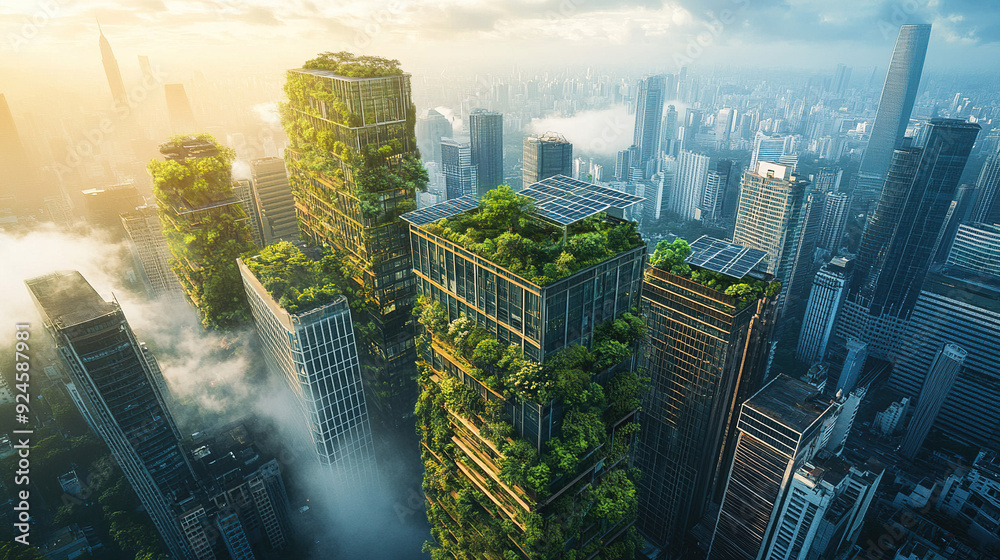 Green cityscape with skyscrapers featuring vertical gardens and solar ...