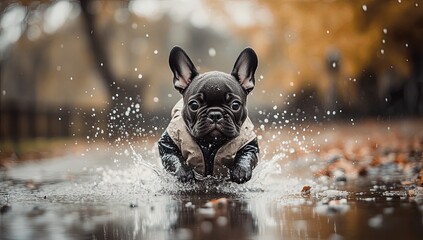 Wall Mural - A small dog is running through a puddle of water