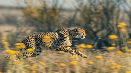 Poster - A fast-moving cheetah runs through a bright yellow flower field