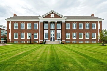 Aufkleber - A large brick building situated on top of a lush green field, perfect for rural or country-themed images