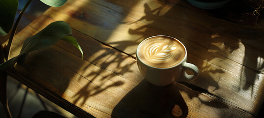 Web banner of coffee cappuccino with latte art on table in coffee shop